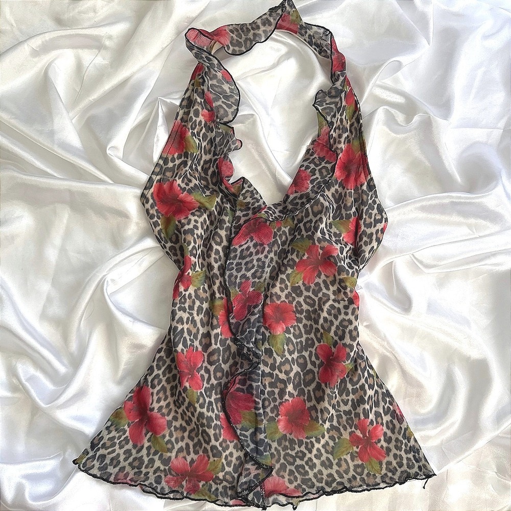 Vintage Select Mesh Halter Top Leopard Floral Print Lettuce Edge Made in England